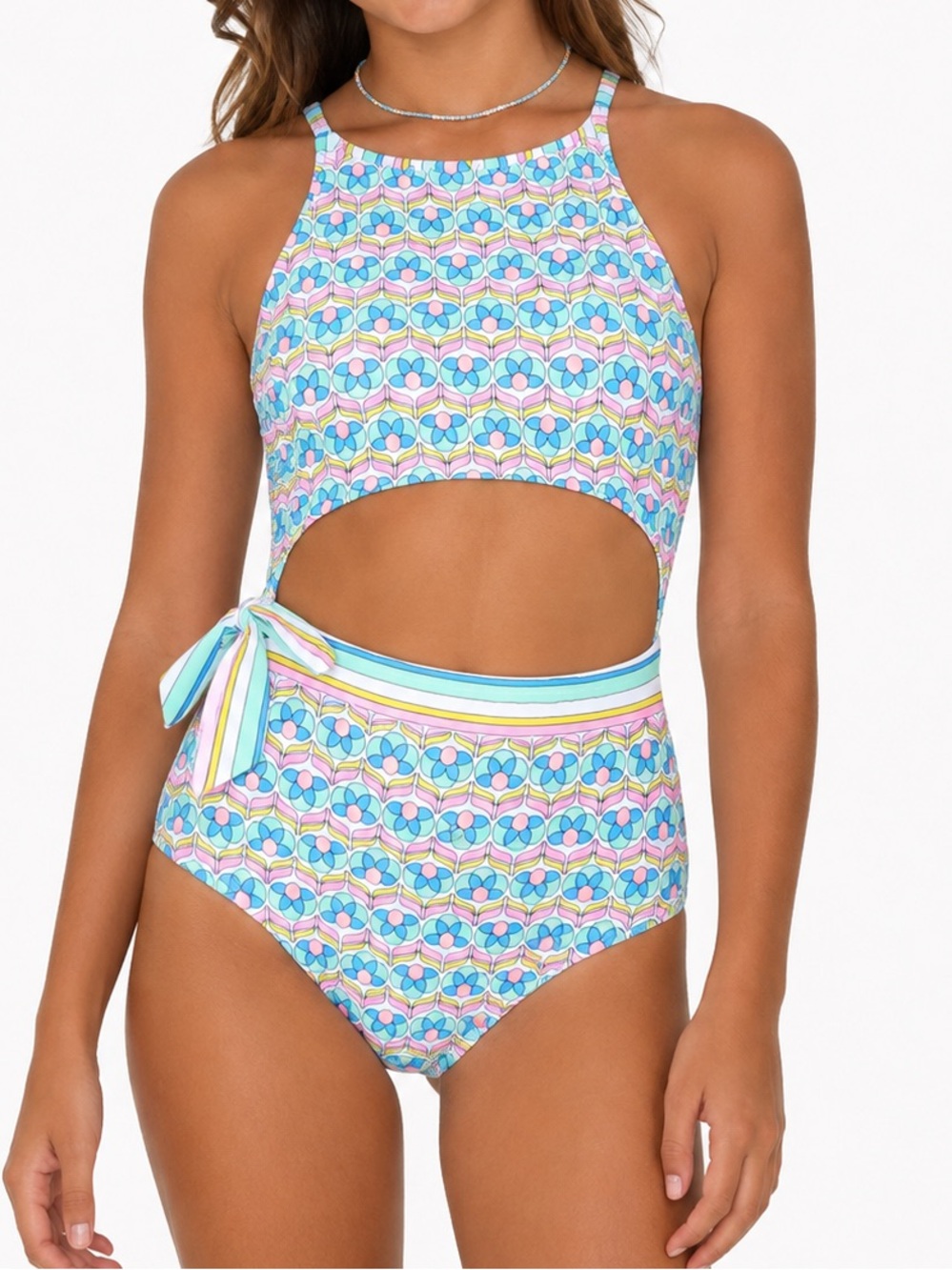 Hobie Girls Cutout One Piece Swimsuit Retro Floral Print Size 16 NWT $46